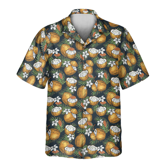 Shirts with faces on them, these custom Hawaiian shirts showcase coconut drinks, colorful umbrellas, and palm leaves for a fun tropical summer look.