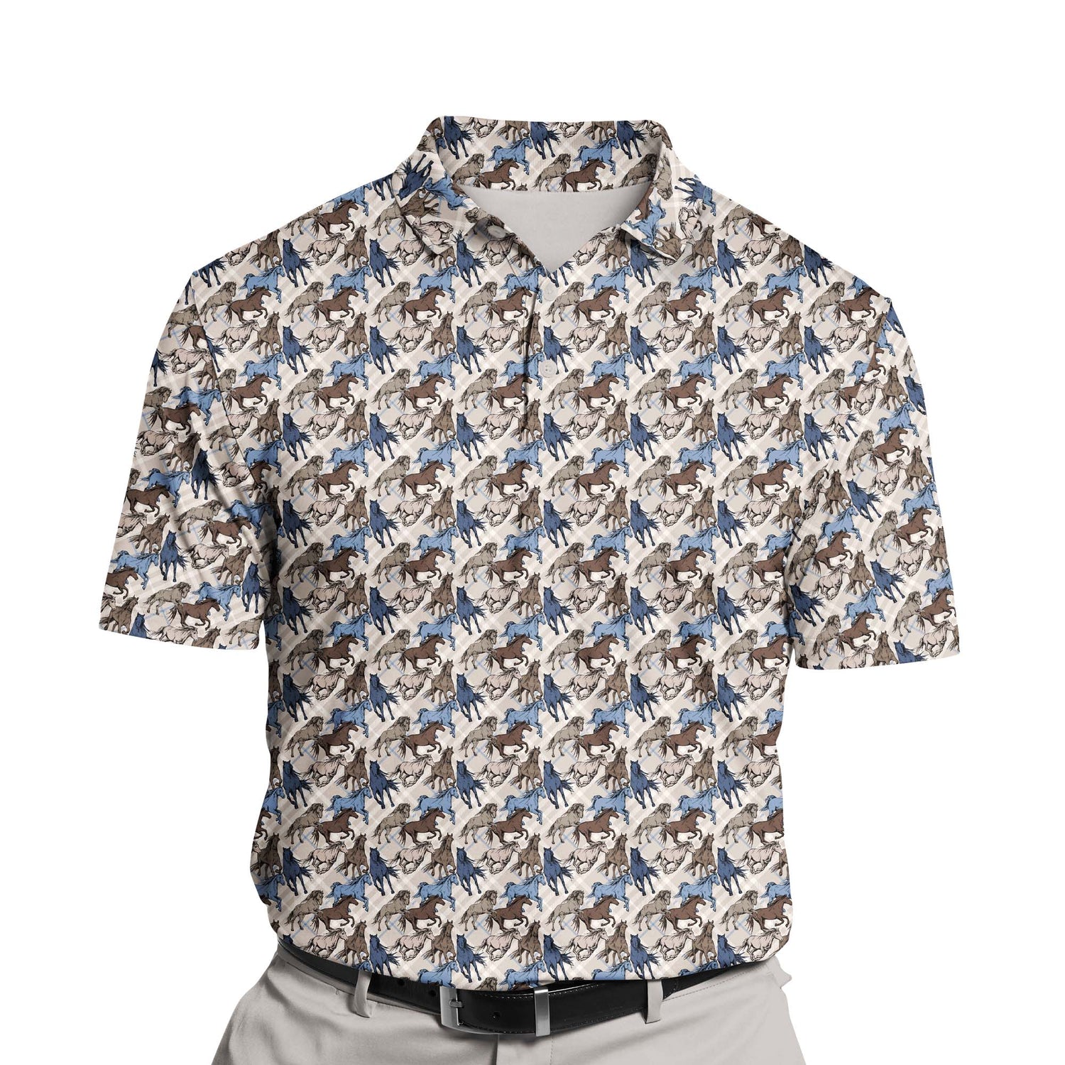 Fun, vibrant horses print on funny golf shirts with faces on them.