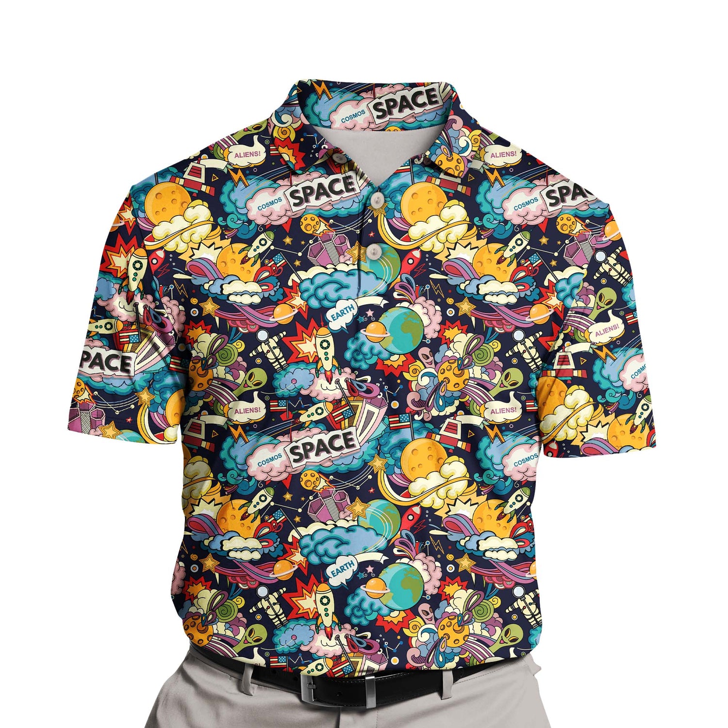 Whimsical funny golf shirts with faces on them, featuring quirky alien graphics.