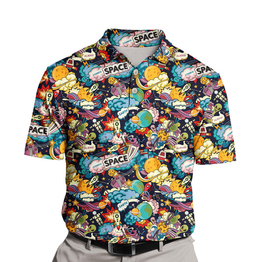 Whimsical funny golf shirts with faces on them, featuring quirky alien graphics.