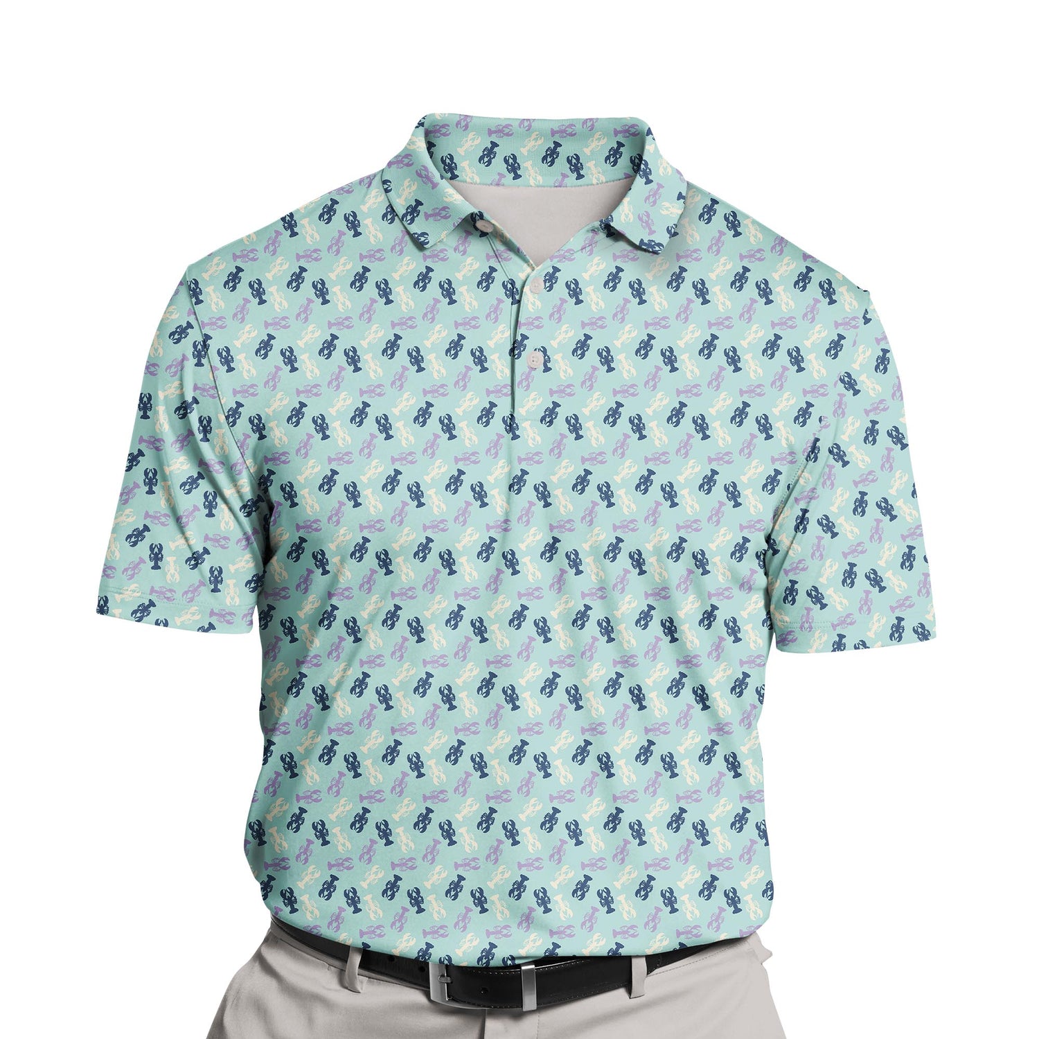 Custom funny golf shirts with faces on them and lobster illustrations.