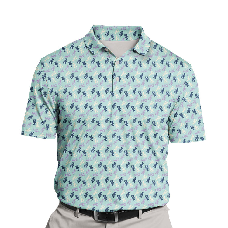 Custom funny golf shirts with faces on them and lobster illustrations.