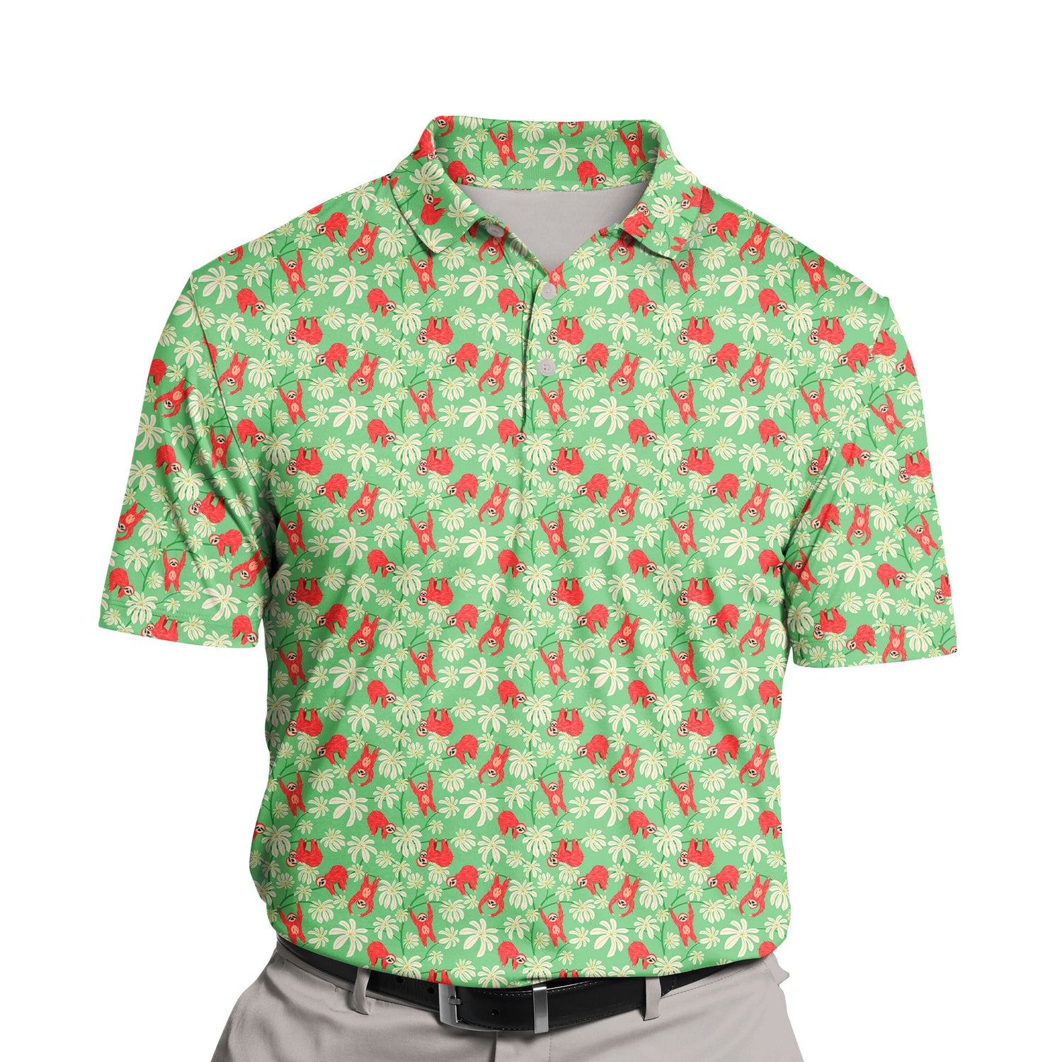 Custom funny golf shirts with sloth faces, perfect for lazy golfers.