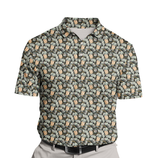 Dollar Domination funny golf shirts with faces showcasing money-themed designs.