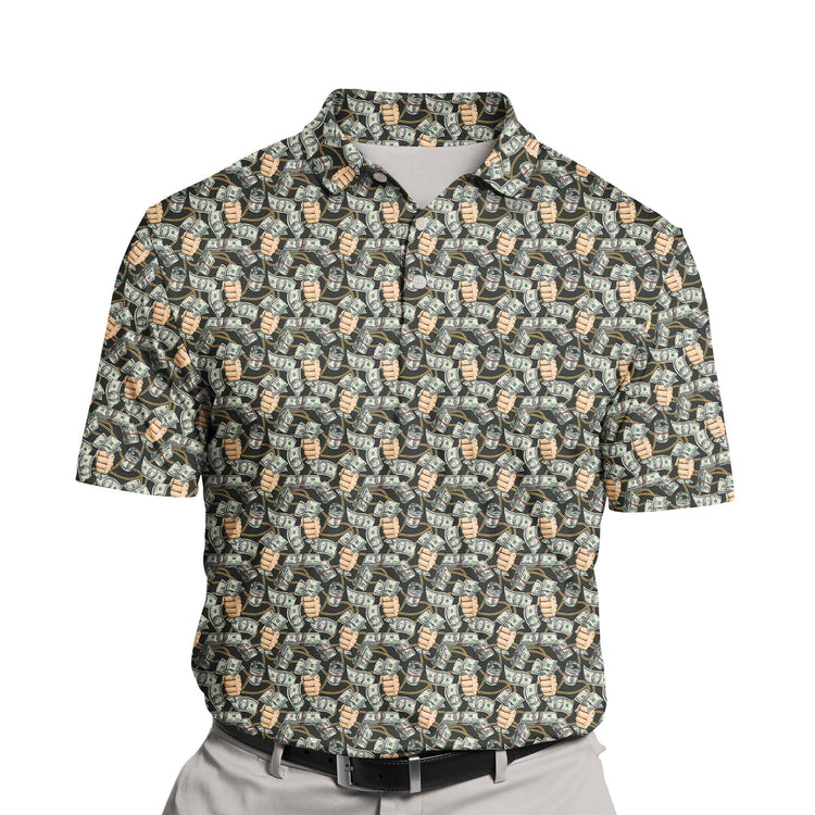 Dollar Domination funny golf shirts with faces showcasing money-themed designs.