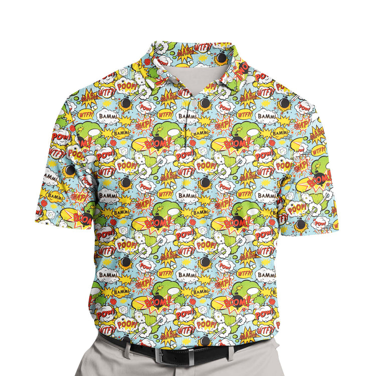 Showcasing Dynamic Boom, these funny golf shirts with faces on them will make you the life of the party on the course.