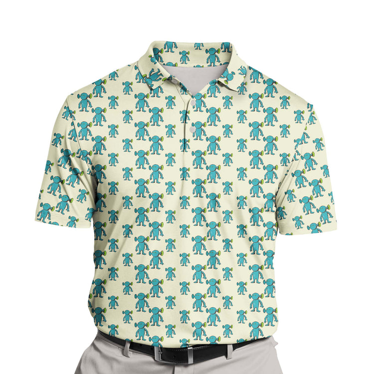 Cartoon-themed funny golf shirts with smiling creatures.