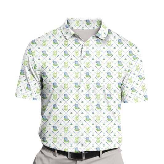Colorful funny golf shirts with faces on them for team play.