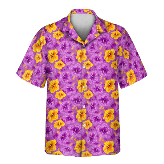 Vibrant Hawaiian shirts with faces on them, showcasing an elegant hibiscus garden with swirling island patterns.