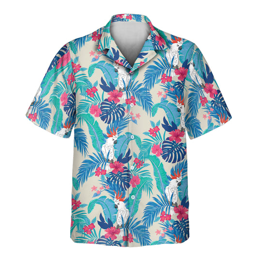 Exotic custom Hawaiian shirts featuring cockatoos, monstera leaves, and floral prints—colorful shirts with faces on them for summer fashion.