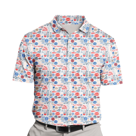 Custom funny golf shirts with faces on them, showcasing a smiling hotdog with mustard.