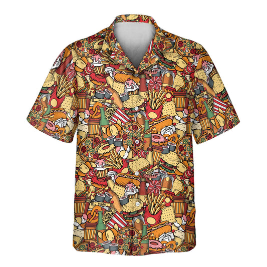 A fun and vibrant Fast Food Party Custom Hawaiian Shirt featuring delicious food designs like burgers, fries, cheese, lettuce, and refreshing drinks. Perfect for food lovers, this shirt combines a casual, summer vibe with tasty meal-inspired artwork, making it ideal for parties, festivals, and casual outings.