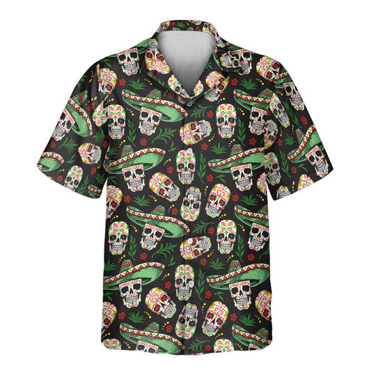 Vibrant Fiesta Skull Vibes custom Hawaiian shirts showcase Mexican-inspired sugar skulls—fun shirts with faces on them, perfect for celebrations.