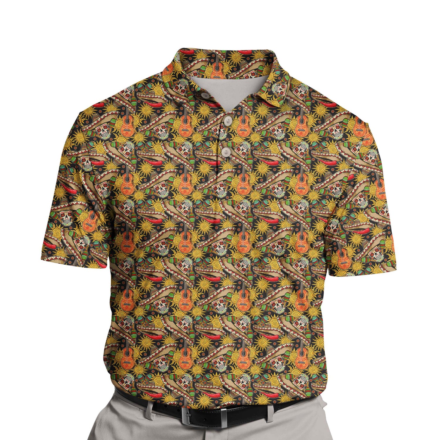 Playful maracas logo on funny golf shirts with faces on them.