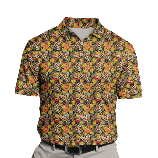 Playful maracas logo on funny golf shirts with faces on them.