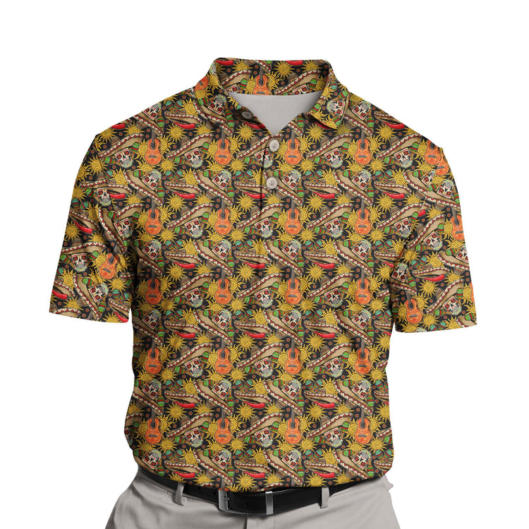 Playful maracas logo on funny golf shirts with faces on them.