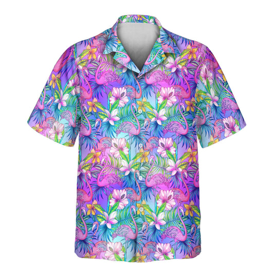 Tropical flamingos and plumeria on Flamingo Breeze Custom Hawaiian Shirts with Faces or Logos, perfect for summer getaways.