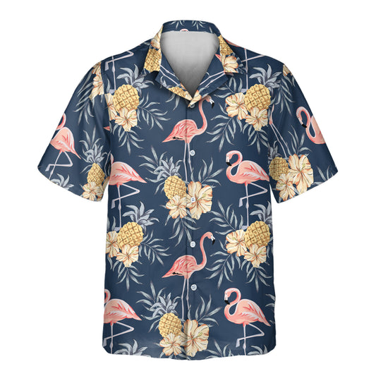 Navy custom Hawaiian shirts with faces on them, featuring flamingos, hibiscus, and pineapples, perfect for a lightweight, tropical touch to your casual wardrobe.