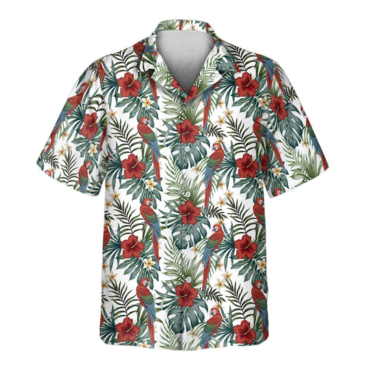 Exotic custom Hawaiian shirts featuring macaws, jungle foliage, and floral designs—unique shirts with faces on them for island-style fashion.