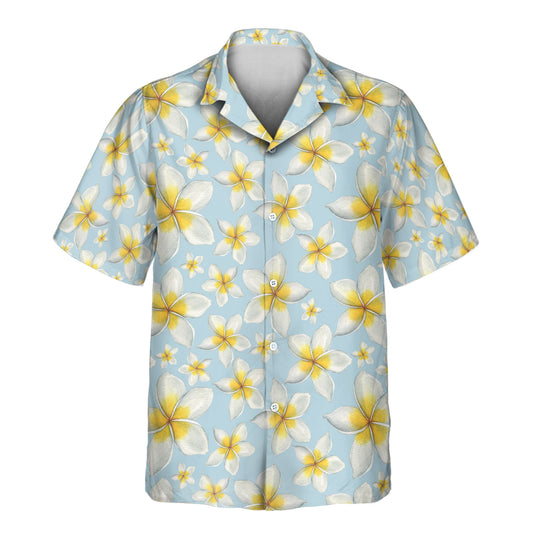Stand out in custom Hawaiian shirts with faces on them, featuring blue and white frangipani flowers for a vibrant, tropical look at summer parties and beach days.