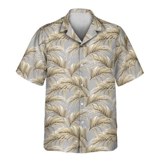 Custom Hawaiian shirts with faces on them featuring golden palm leaves on a tropical background, ideal for beach outings and exotic summer fashion.