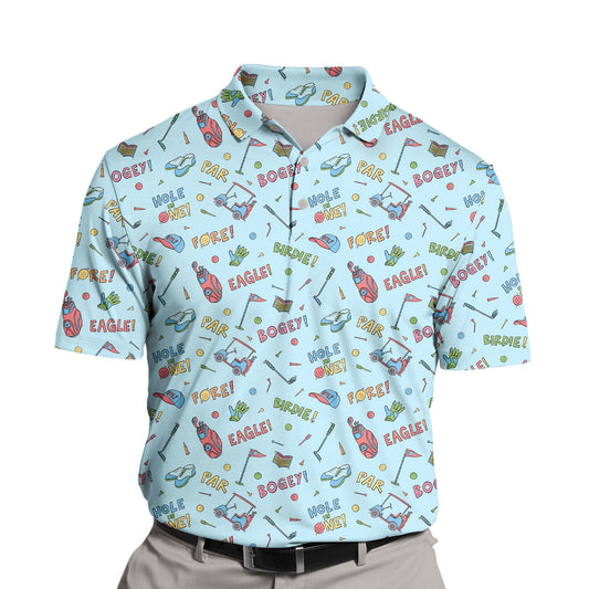 Colorful funny golf shirts with faces on them, perfect for team outings.
