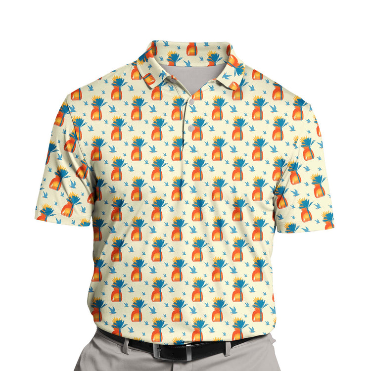 Custom golf clothing showcasing vibrant ocean sunset graphics and fun logos.