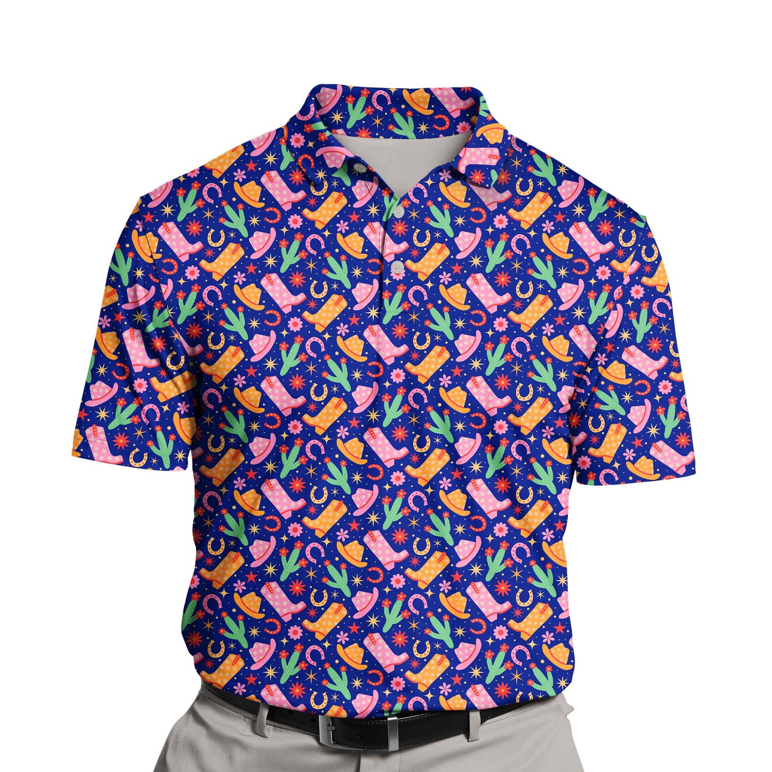 Close-up of funny golf shirts with faces on them, highlighting breathable cooling fabric perfect for warm days.