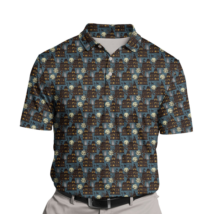 Custom funny golf shirts with pumpkin faces, perfect for Halloween-themed golfing.