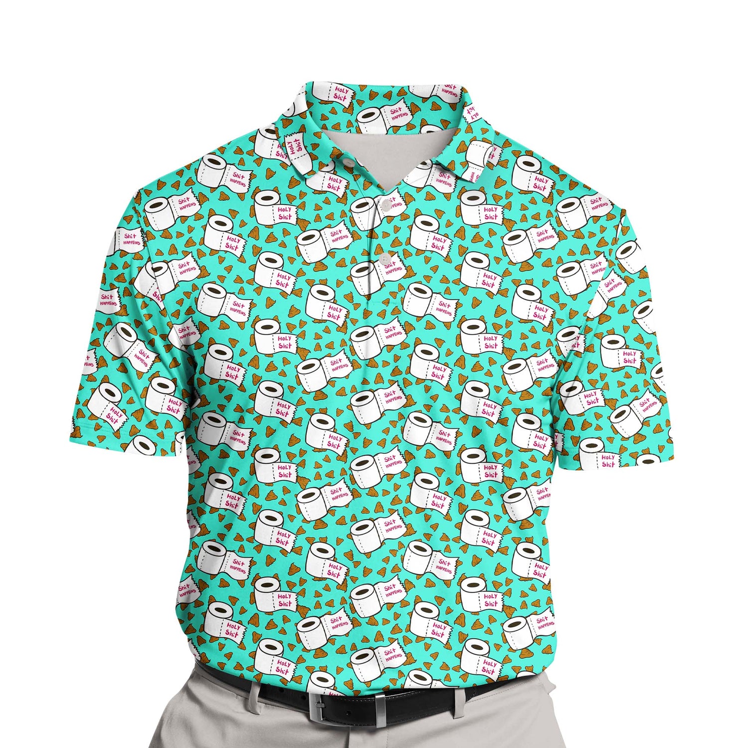 Humorous design on funny golf shirts with faces on them, showcasing the phrase "Holy Shit Happens."