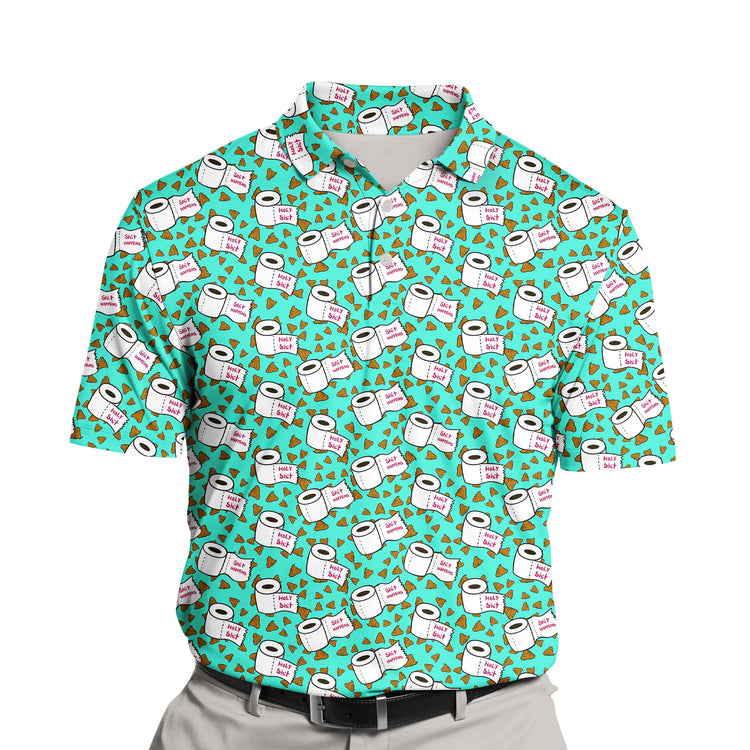 Humorous design on funny golf shirts with faces on them, showcasing the phrase "Holy Shit Happens."