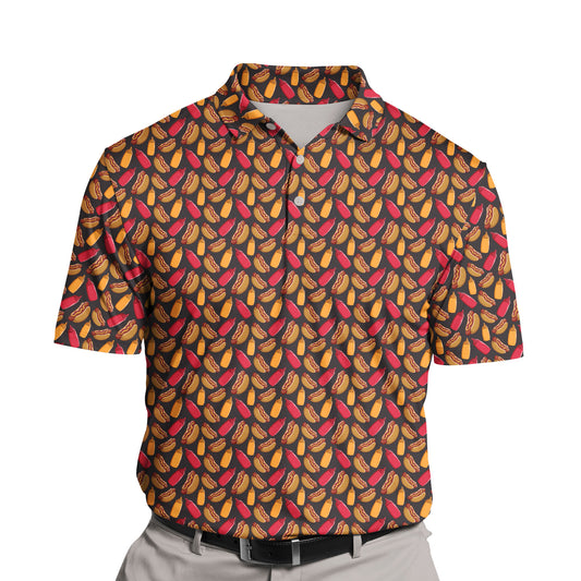 Vibrant funny golf shirts with faces on them showcasing tasty snacks.