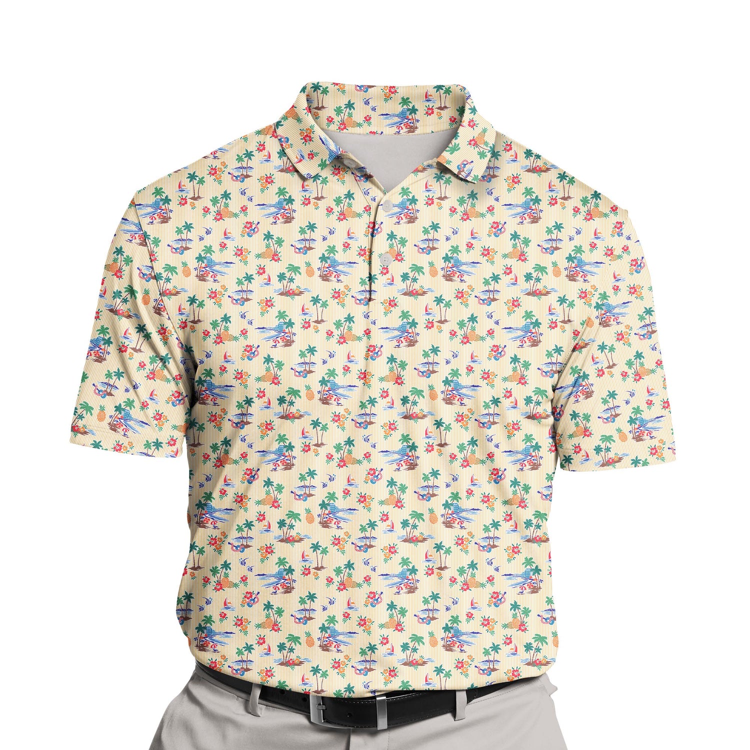 Custom tropical golf shirts with faces on them for summer fun.