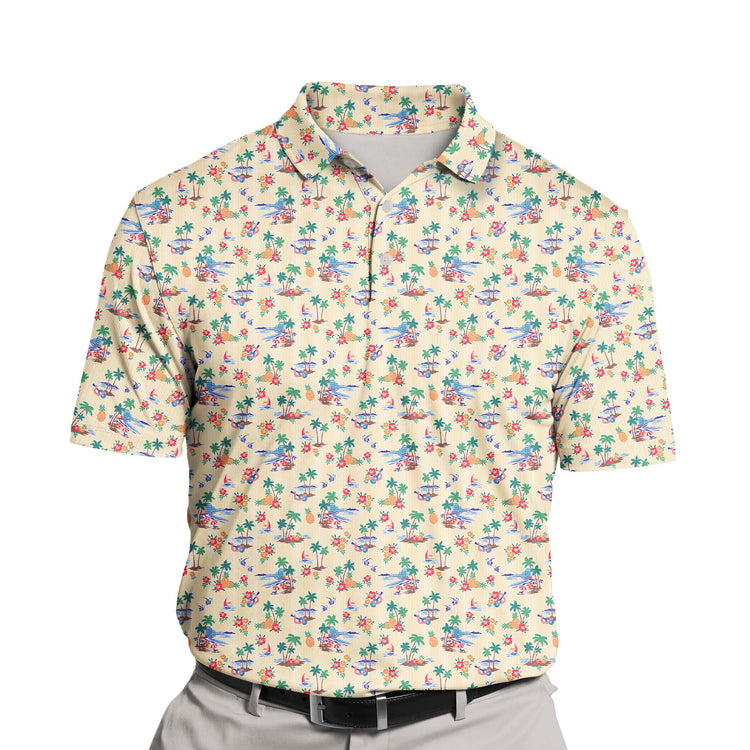 Custom tropical golf shirts with faces on them for summer fun.
