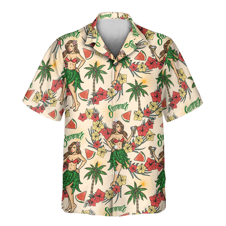Party-ready custom Hawaiian shirts featuring red hibiscus, palm trees, and shirts with faces on them, offering lightweight, fun vibes for tropical events.