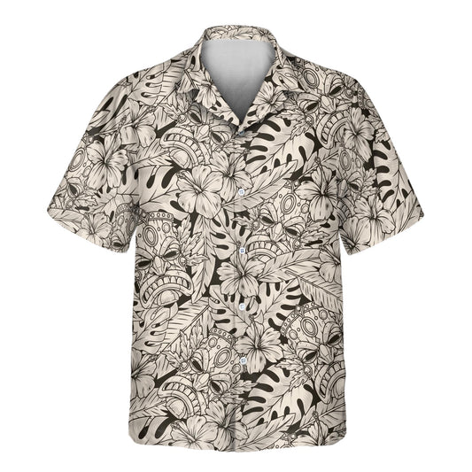 Embrace island life with custom Hawaiian shirts featuring Tiki masks and shirts with faces on them, offering a sleek black and ivory tropical-inspired look.