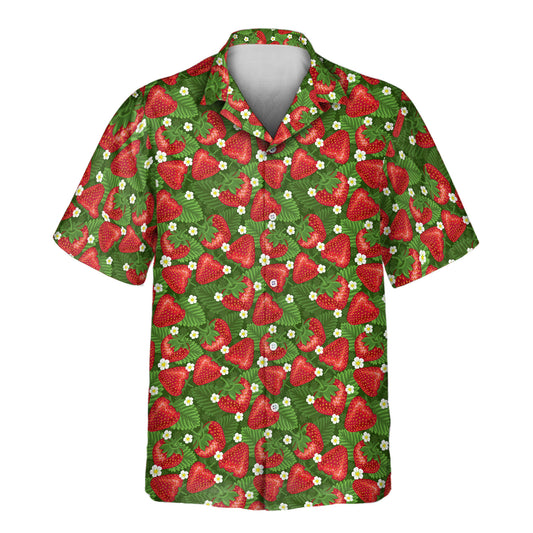 Custom Hawaiian shirts with faces on them, designed with bright red strawberries, lush green leaves, and white flowers, perfect for a fun summer look.