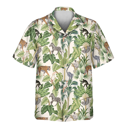 Vibrant custom Hawaiian shirts with faces on them, showcasing tropical wildlife like tigers, cockatoos, and lemurs in a dense jungle setting.