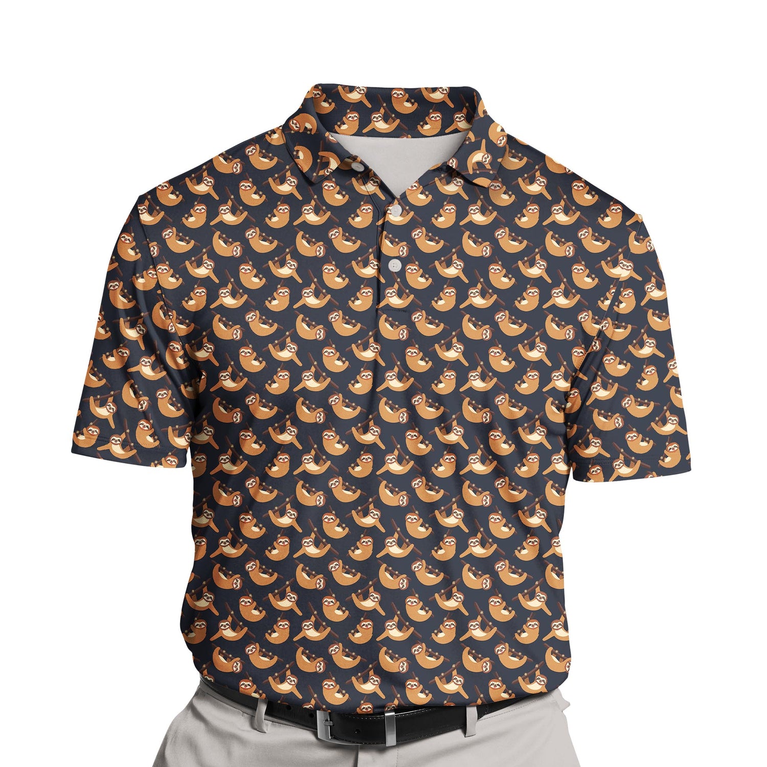 Colorful wildlife prints on funny golf shirts with faces.