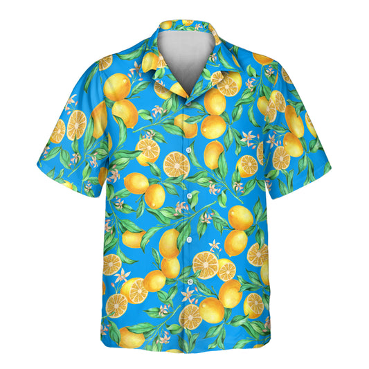 Custom Hawaiian shirts featuring yellow lemons, lush branches, and floral accents—fresh shirts with faces on them for summer, vacations, and island style.