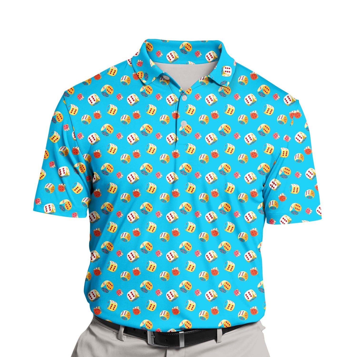 Close-up of funny golf shirts with faces on them, showcasing the breathable fabric and playful dice graphics.