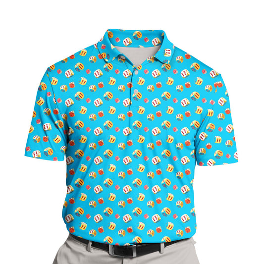Close-up of funny golf shirts with faces on them, showcasing the breathable fabric and playful dice graphics.