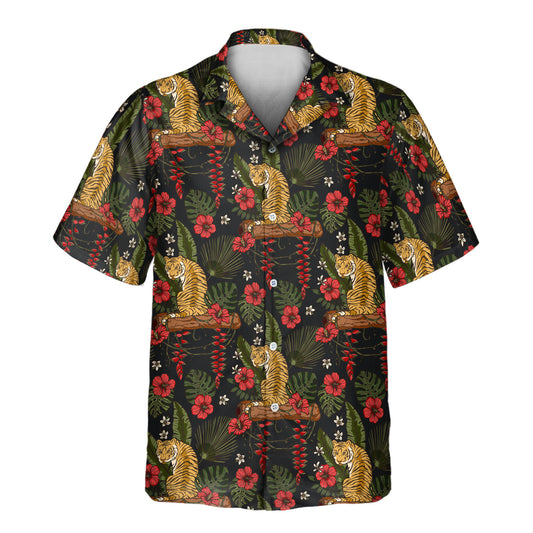 Exotic custom Hawaiian shirts with faces on them, showcasing a golden tiger on a tree, tropical foliage, and red hibiscus flowers on a dark backdrop.