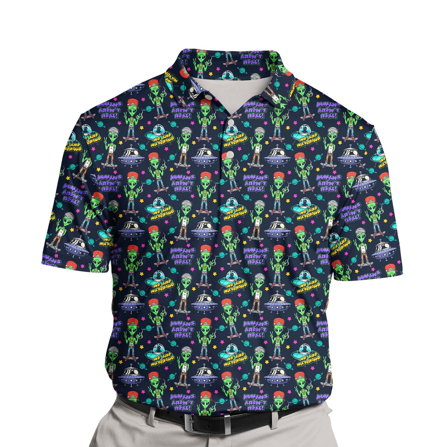Custom alien-themed funny golf polos with retro space designs.