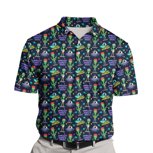 Custom alien-themed funny golf polos with retro space designs.