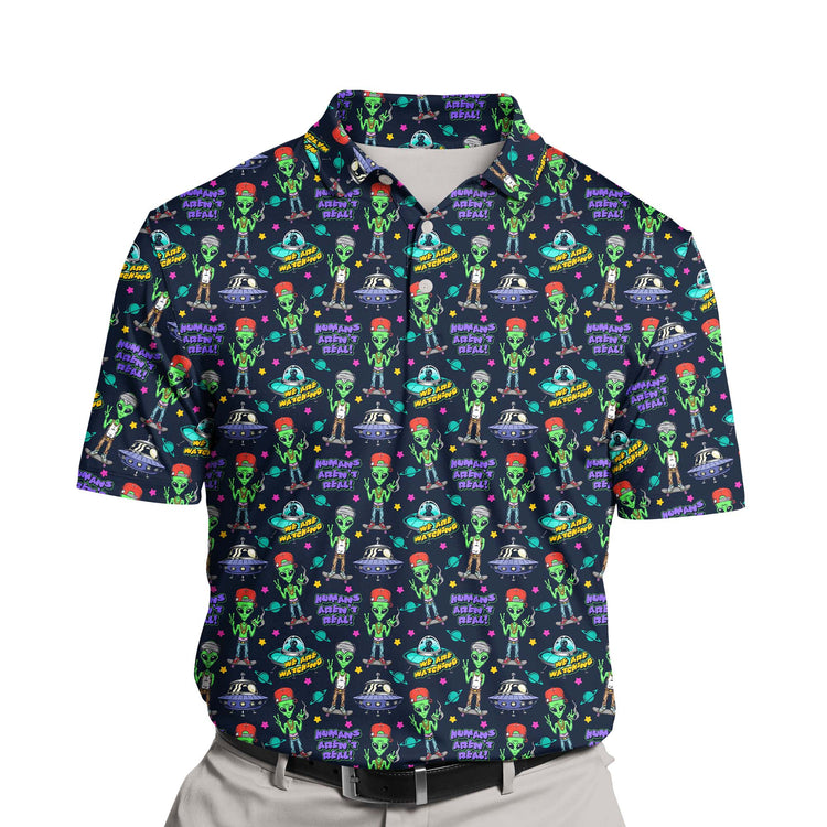 Custom alien-themed funny golf polos with retro space designs.