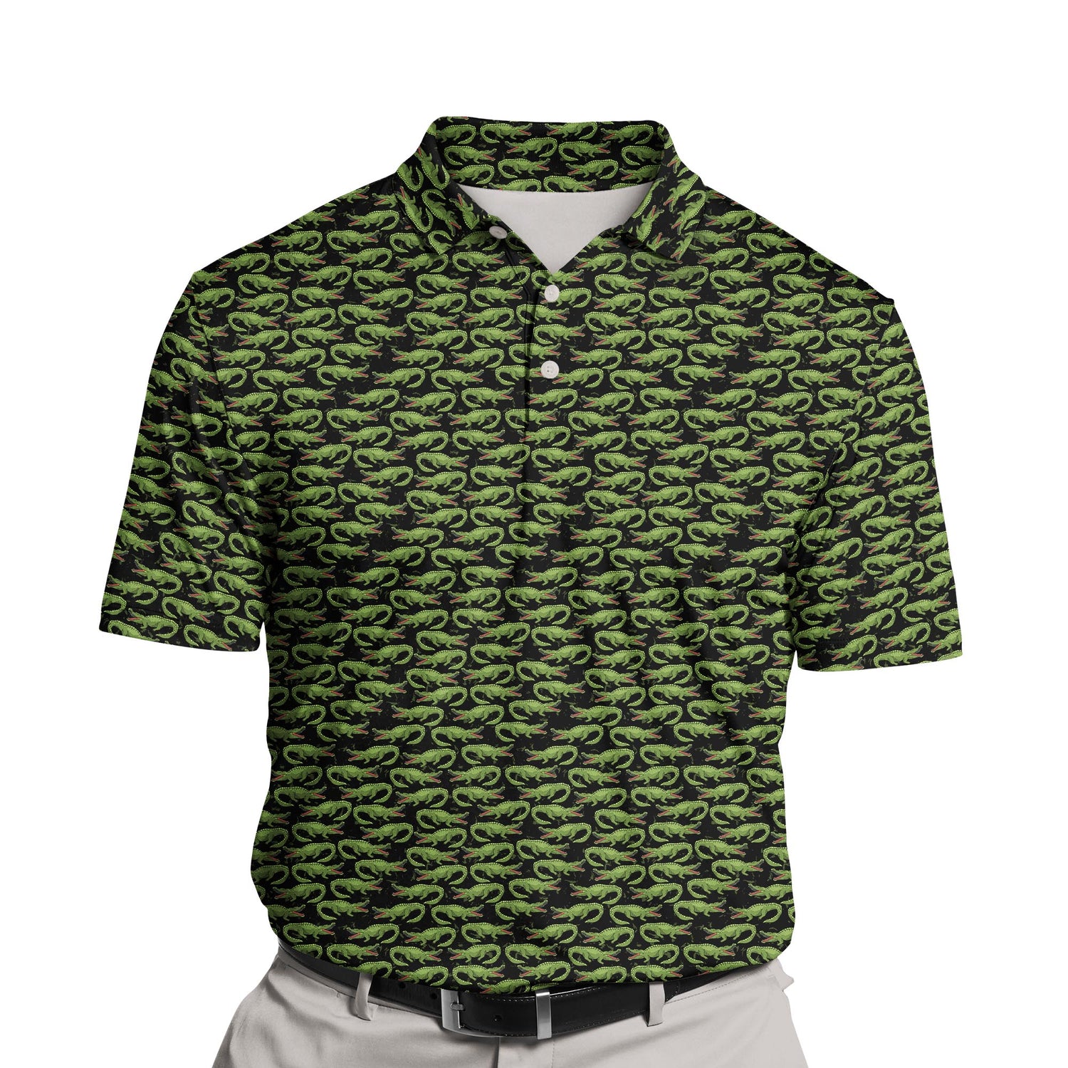 Custom alligator face funny golf shirts with cooling fabric.