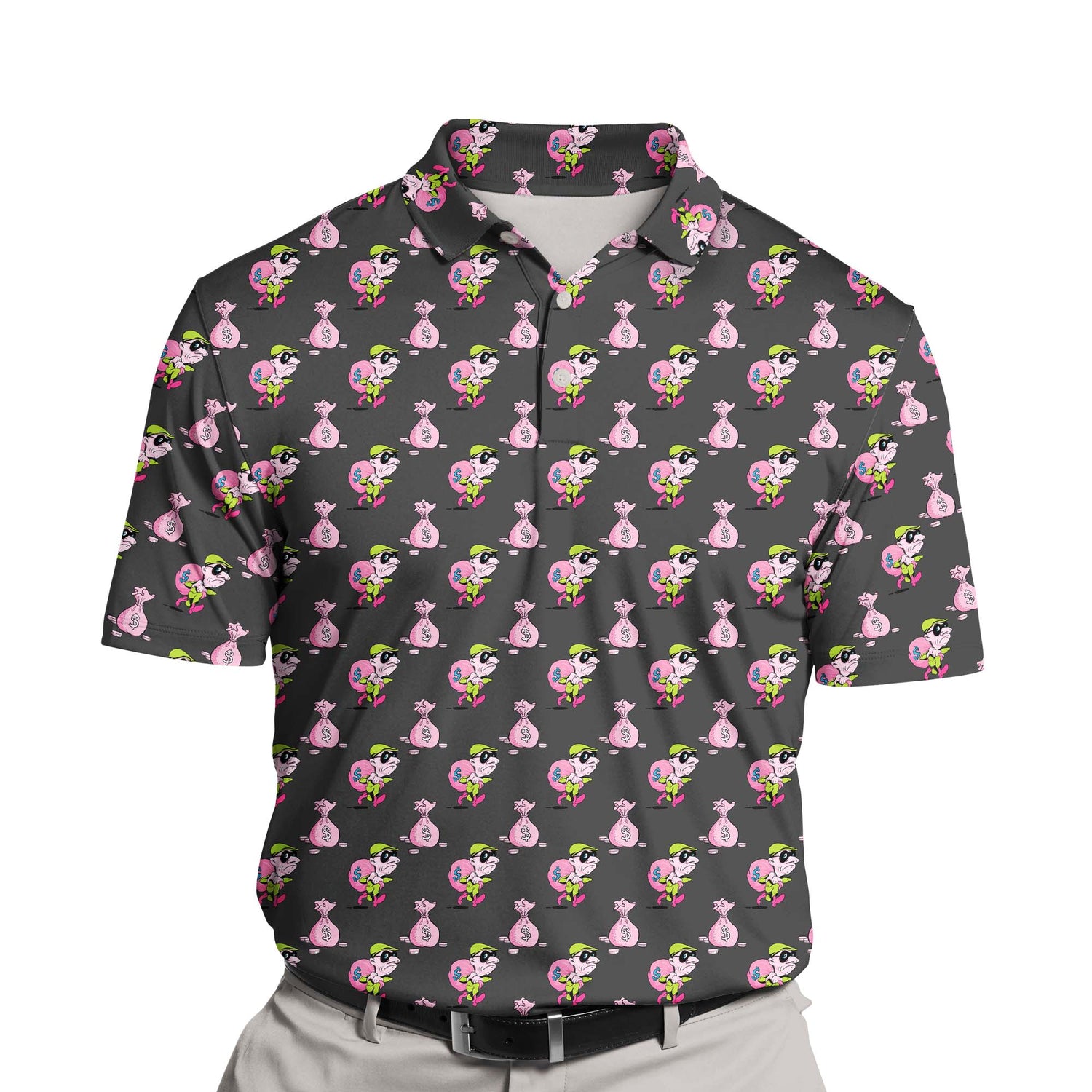 Close-up of funny golf shirts with faces on them, showcasing breathable fabric and cartoon thief graphics.