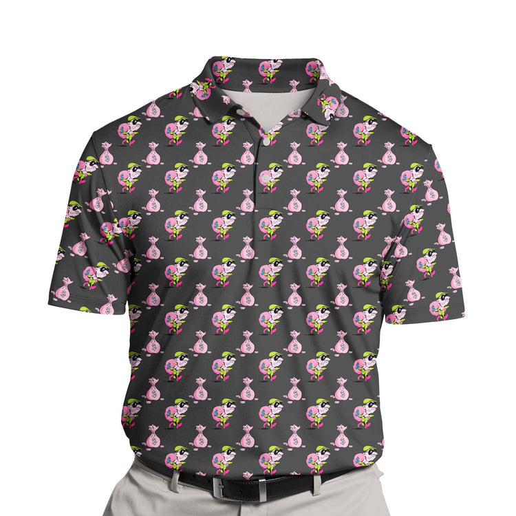 Close-up of funny golf shirts with faces on them, showcasing breathable fabric and cartoon thief graphics.