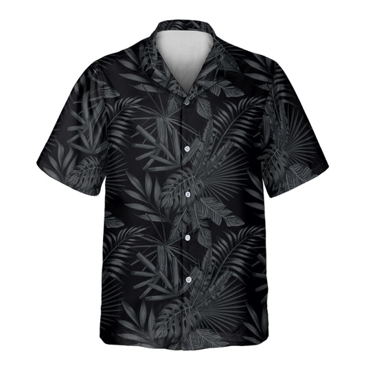 Bold black and white tropical design Custom Hawaiian Shirts with Faces or Logos, showcasing palm leaves and retro vacation style.